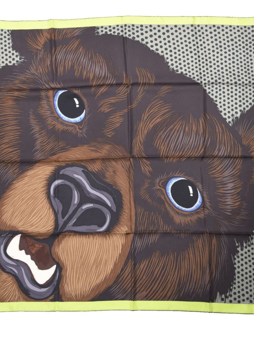 Hermès Grrrr! Shawl 140 — Alice Shirley Bear Face, Lime Green Border